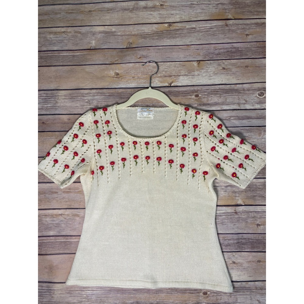 Vintage 70s/80s Jean Pierre Cream Rosebud Knit Top Coquette Cottagecore